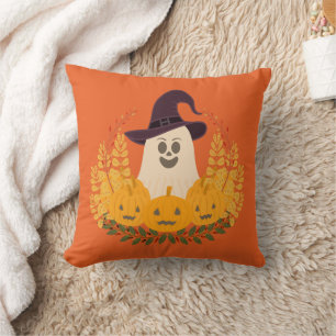 Spooky Cute Ghost And Pumpkins Autumn Wreath Throw Pillow