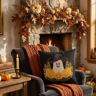 Spooky Cute Ghost And Pumpkins Autumn Wreath Throw Pillow