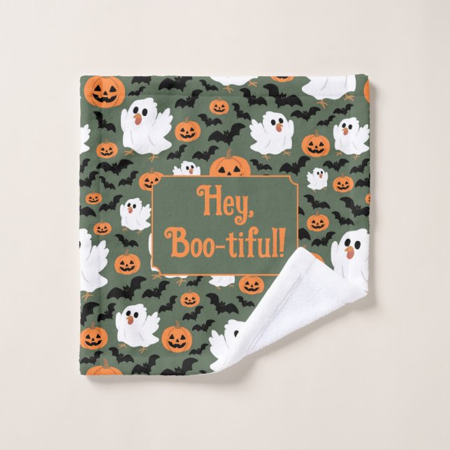 Spooky Cute Ghost Chickens with Pumpkins and Bats Bath Towel Set (Wash Cloth)