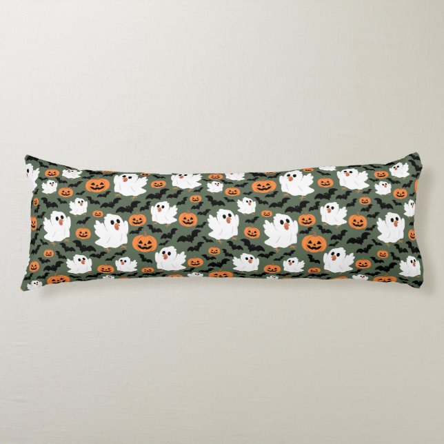 Spooky Cute Ghost Chickens with Pumpkins and Bats Body Pillow (Front)