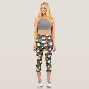 Spooky Cute Ghost Chickens with Pumpkins and Bats Capri Leggings