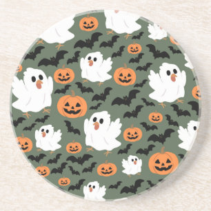Spooky Cute Ghost Chickens with Pumpkins and Bats Coaster