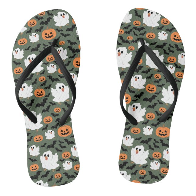 Spooky Cute Ghost Chickens with Pumpkins and Bats  Flip Flops (Footbed)