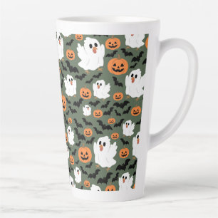 Spooky Cute Ghost Chickens with Pumpkins and Bats  Latte Mug