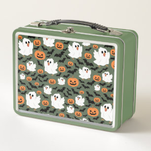 Spooky Cute Ghost Chickens with Pumpkins and Bats  Metal Lunch Box