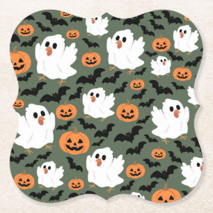 Spooky Cute Ghost Chickens with Pumpkins and Bats Paper Coaster