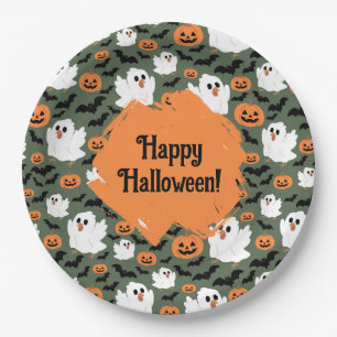 Spooky Cute Ghost Chickens with Pumpkins and Bats Paper Plate