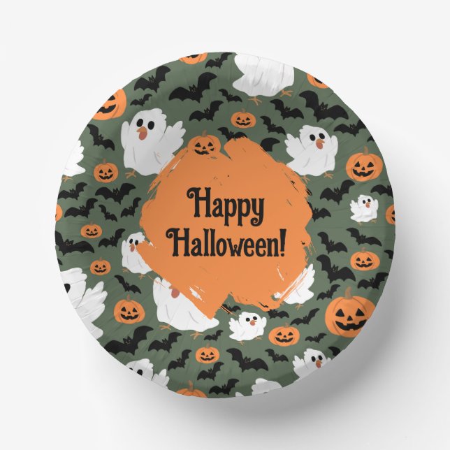 Spooky Cute Ghost Chickens with Pumpkins and Bats Paper Plate (Front)