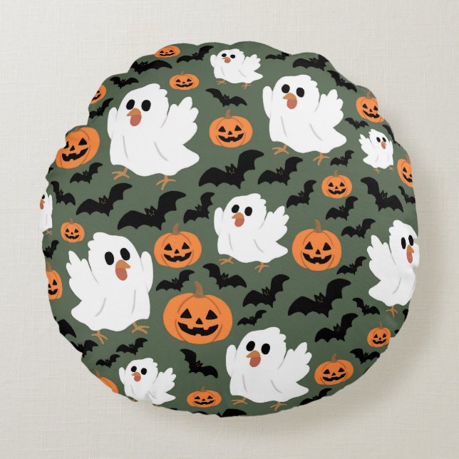 Spooky Cute Ghost Chickens with Pumpkins and Bats  Round Pillow (Front)