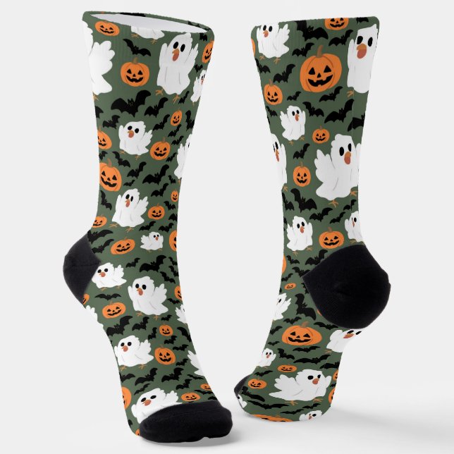 Spooky Cute Ghost Chickens with Pumpkins and Bats Socks (Angled)