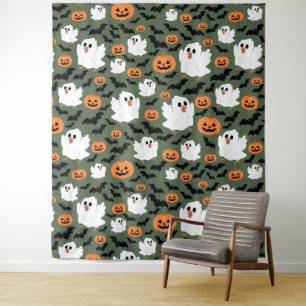 Spooky Cute Ghost Chickens with Pumpkins and Bats  Tapestry