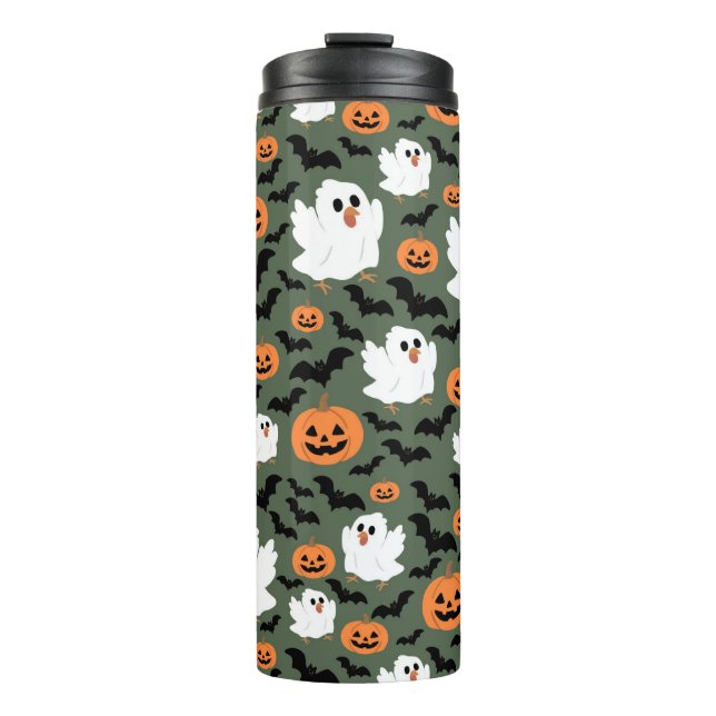 Spooky Cute Ghost Chickens with Pumpkins and Bats  Thermal Tumbler (Front)
