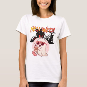 Spooky Cute Ghost Drinking Iced Coffee Halloween T-Shirt