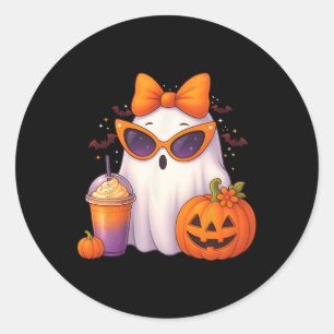 Spooky Cute Ghost Drinking Pumpkin Iced Coffee Hal Classic Round Sticker