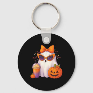 Spooky Cute Ghost Drinking Pumpkin Iced Coffee Hal Keychain
