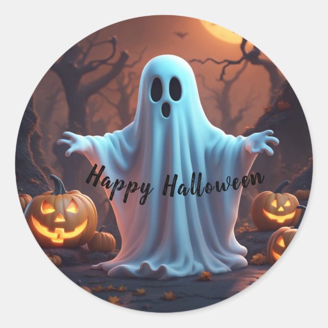 Spooky Cute Ghost Happy Halloween  Classic Round Sticker (Front)