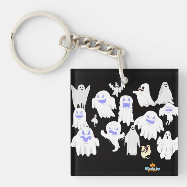 Spooky Cute Ghost Illustration Pattern – Halloween Keychain (Front)