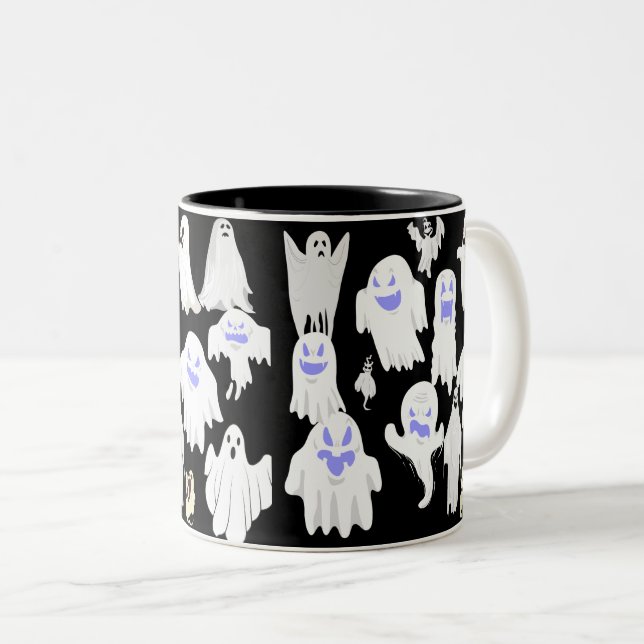 Spooky Cute Ghost Illustration Pattern – Halloween Two-Tone Coffee Mug (Front Right)