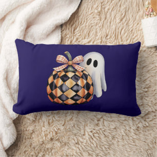 Spooky Cute Ghost Peek Halloween T-Shirt, Checkere Lumbar Pillow