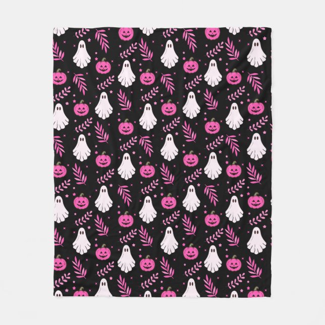 Spooky Cute Ghosts & Pink Pumpkins Halloween Fleece Blanket (Front)
