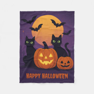 Spooky Cute Halloween – Black Cats & Pumpkins Fleece Blanket