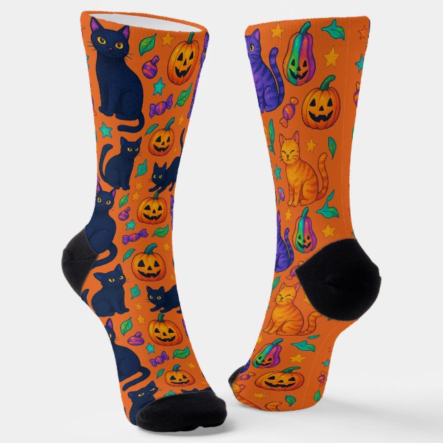 Spooky Cute Halloween Cat & Pumpkin Crew Socks (Angled)