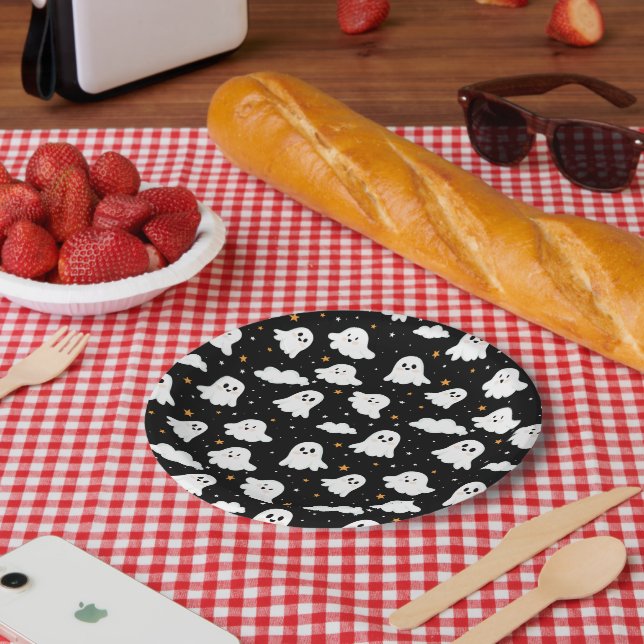 Spooky Cute Halloween Ghost Cloudy Star Sky Paper Plate (Picnic)
