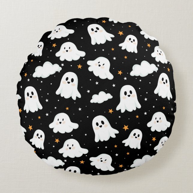 Spooky Cute Halloween Ghost Cloudy Star Sky Round Pillow (Front)