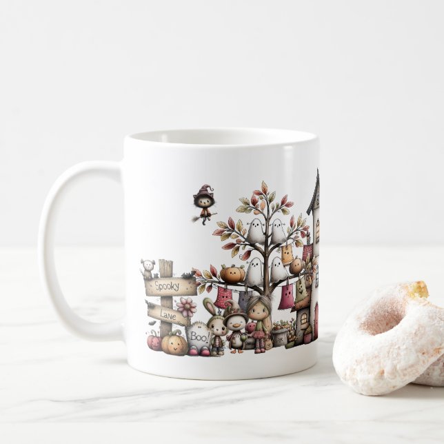 Spooky Cute Halloween Mug, Kawaii Ghost & Pumpkin  Coffee Mug (With Donut)