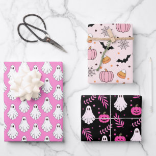 Spooky Cute Halloween Pink & Black Pattern Wrapping Paper Sheet