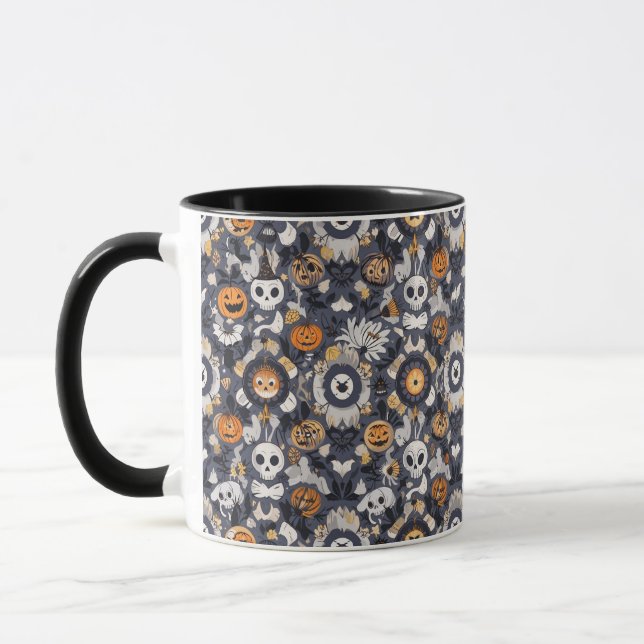 Spooky-Cute Halloween Pumpkin Skull Ghost Seamless Mug (Left)
