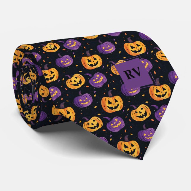 Spooky Cute Halloween Pumpkins Monogrammed Tie (Rolled)