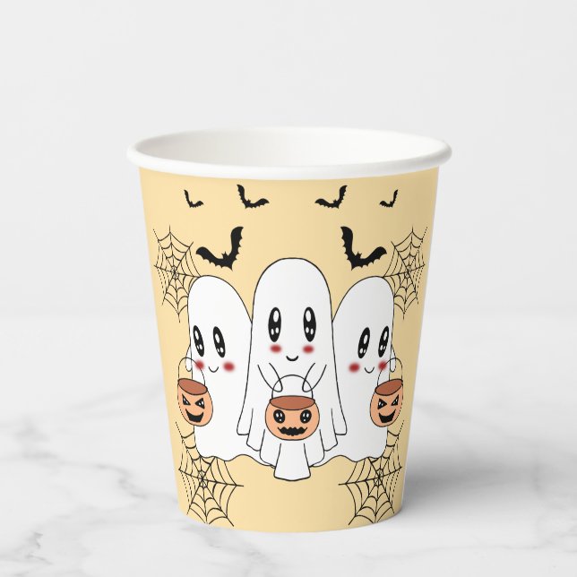 Spooky Cute Kawaii Cartoon Ghost Halloween Party Paper Cups (Back)