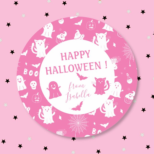 Spooky Cute Kid Pink Halloween Sticker with Name (Spooky cute round pink Halloween kid sticker to seal favor bags .)