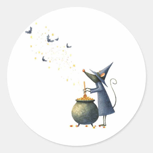 Spooky Cute Mouse Wizard in Cauldron — Retro Hallo Classic Round Sticker (Front)