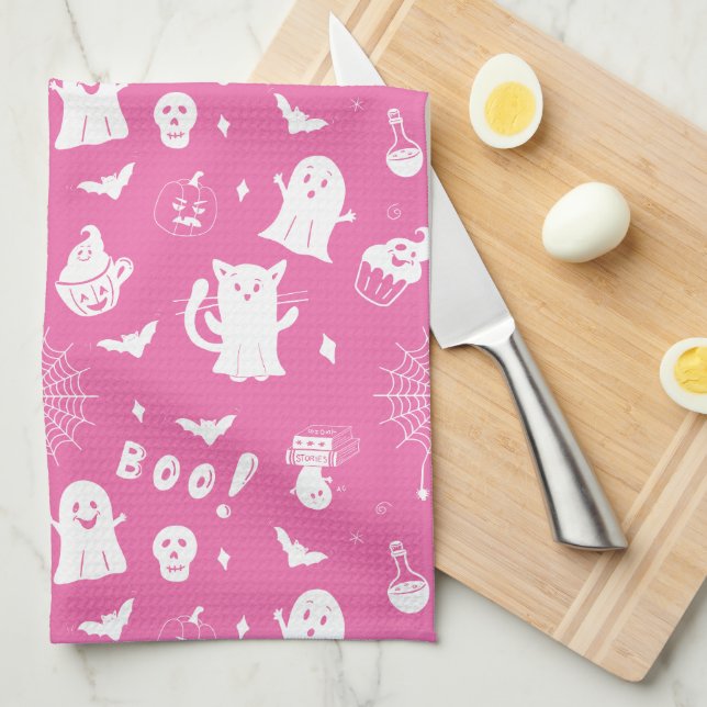 Spooky Cute Pink Halloween Kitchen Towel (Quarter Fold)