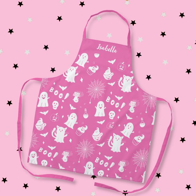 Spooky Cute Pink Personalized Halloween Apron (Spooky cute pink and white Halloween theme apron with name . )