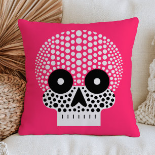 Spooky Cute Polka Dotted Skull Pink Halloween Throw Pillow