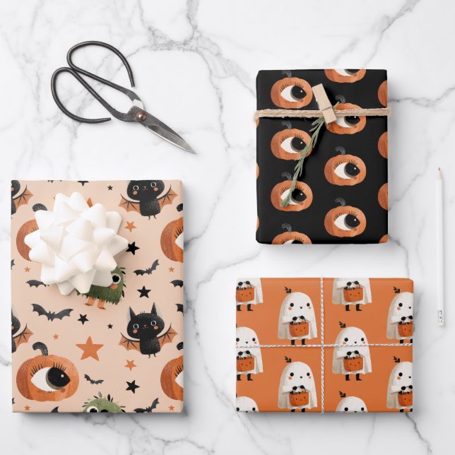 Spooky Cute Pumpkin Ghost Bat Pattern Halloween  Wrapping Paper Sheet (Front)