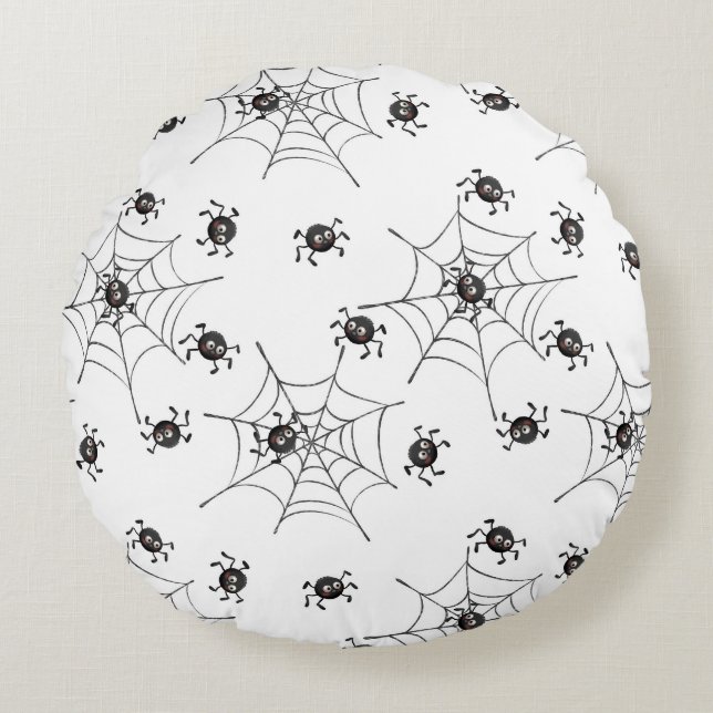 Spooky Cute Spiders & Webs Halloween Round Pillow (Front)