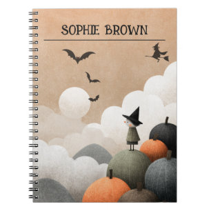 Spooky Cute Watercolor Halloween Witch with Name Notebook