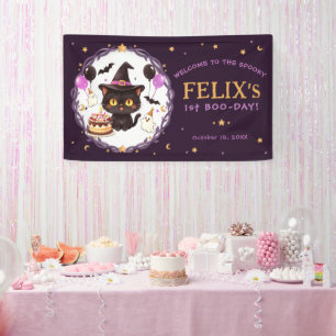 Spooky Cute Witch Black Cat Wizard 1st Birthday Banner