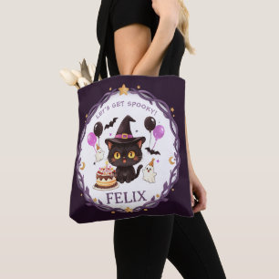 Spooky Cute Witch Black Cat Wizard Halloween Bday Tote Bag