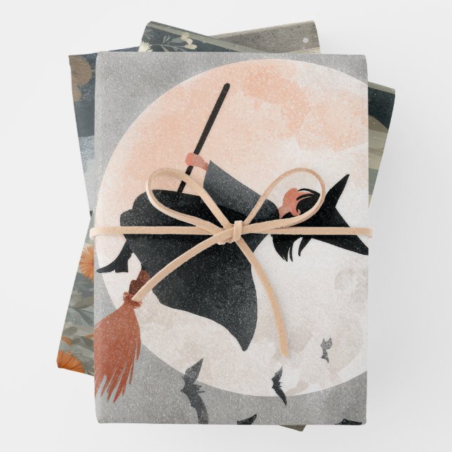 Spooky Cute Witches Watercolor Halloween Wrapping Paper Sheet (In situ)