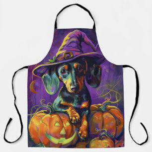 Spooky Dachshund Dog Halloween Witch And Pumpkin  Apron