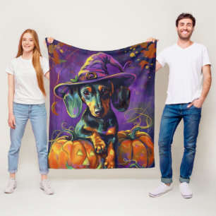 Spooky Dachshund Dog Halloween Witch And Pumpkin  Fleece Blanket
