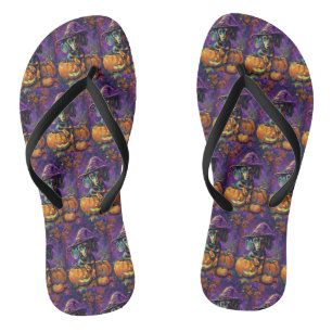 Spooky Dachshund Dog Halloween Witch And Pumpkin  Flip Flops