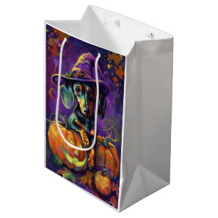 Spooky Dachshund Dog Halloween Witch And Pumpkin  Medium Gift Bag