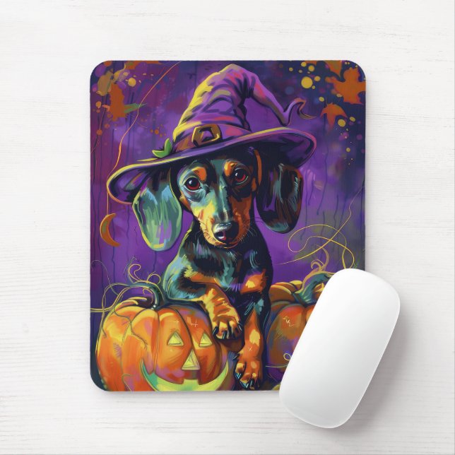 Spooky Dachshund Dog Halloween Witch And Pumpkin  Mouse Pad (With Mouse)