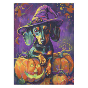 Spooky Dachshund Dog Halloween Witch And Pumpkin  Tablecloth